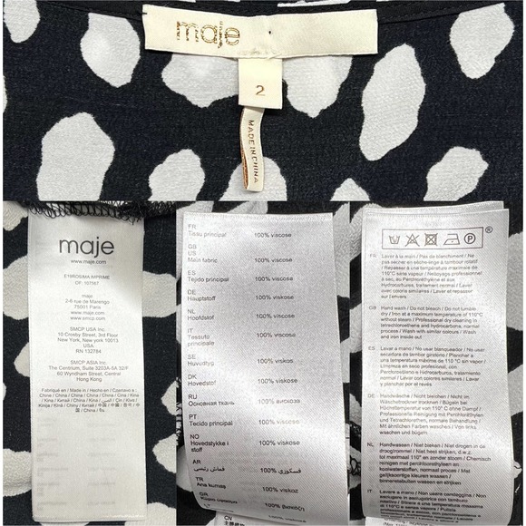 Maje Rossima Black White Spotted Dress V Neck Long Sleeve Faux Wrap Size 2 - Picture 10 of 11